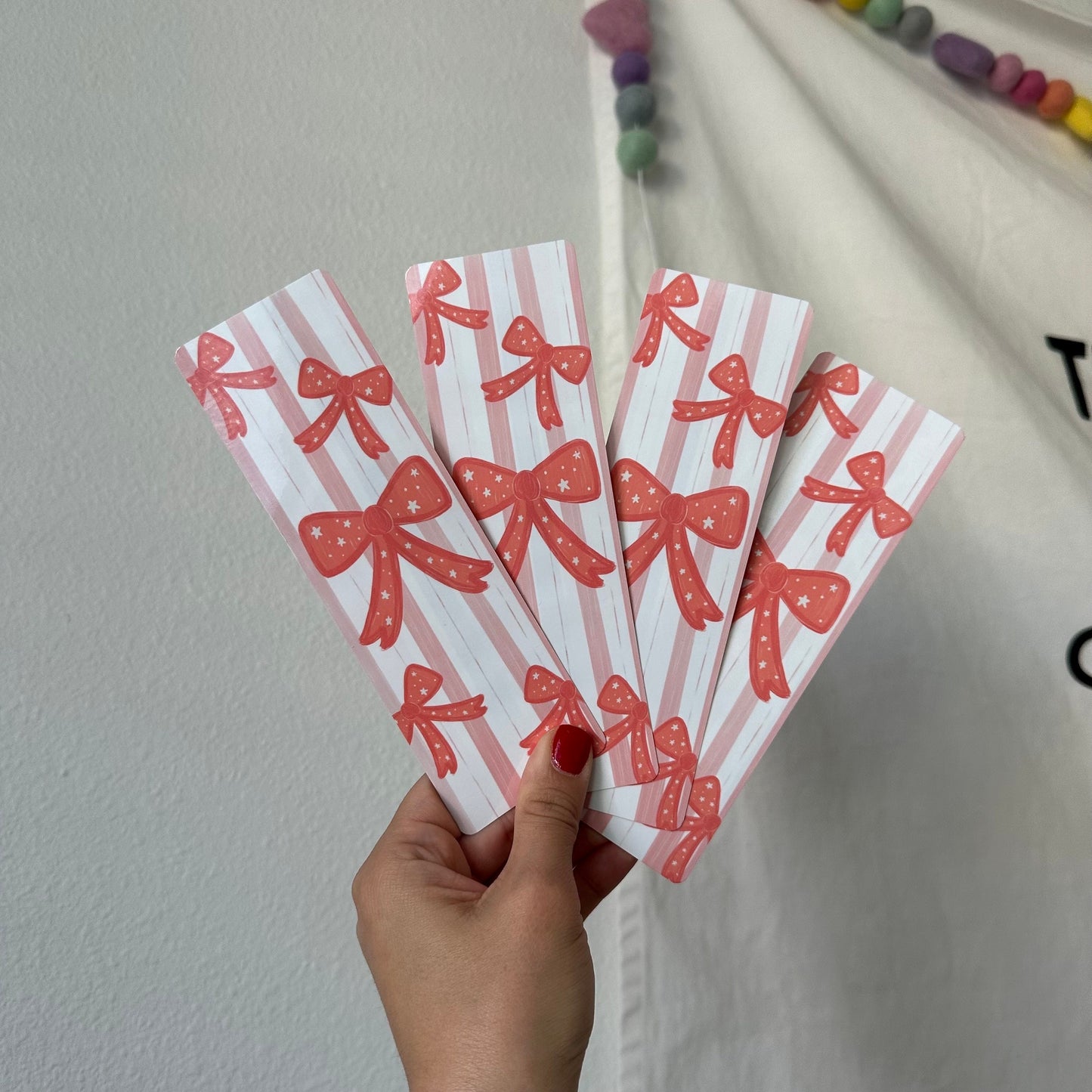 Pink bow Valentine themed Laminated Bookmarks on photo quality cardstock