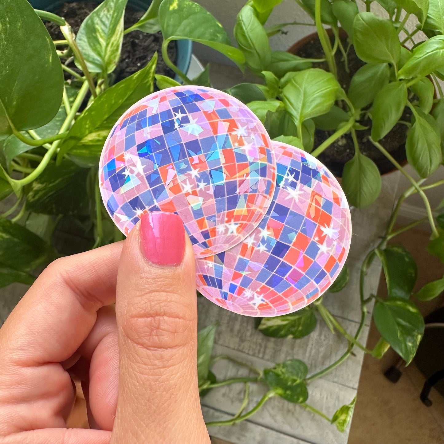 Pink purple and blues disco ball holographic waterproof sticker