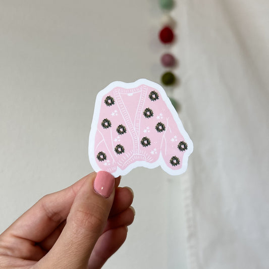 Pink Christmas sweater with holly wreath waterproof sticker, Christmas and holiday themed stickers for water bottles, kindles, laptops