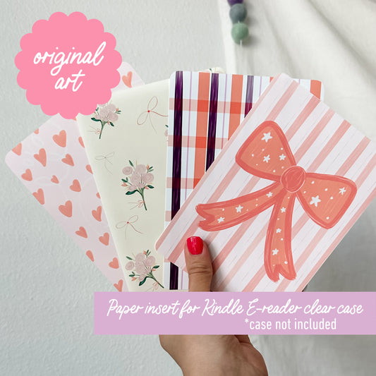 Original Art Cardstock insert for clear e-reader case- Valentines bow, hearts and flowers fits kindles 10th/11th gen/6"- case not included