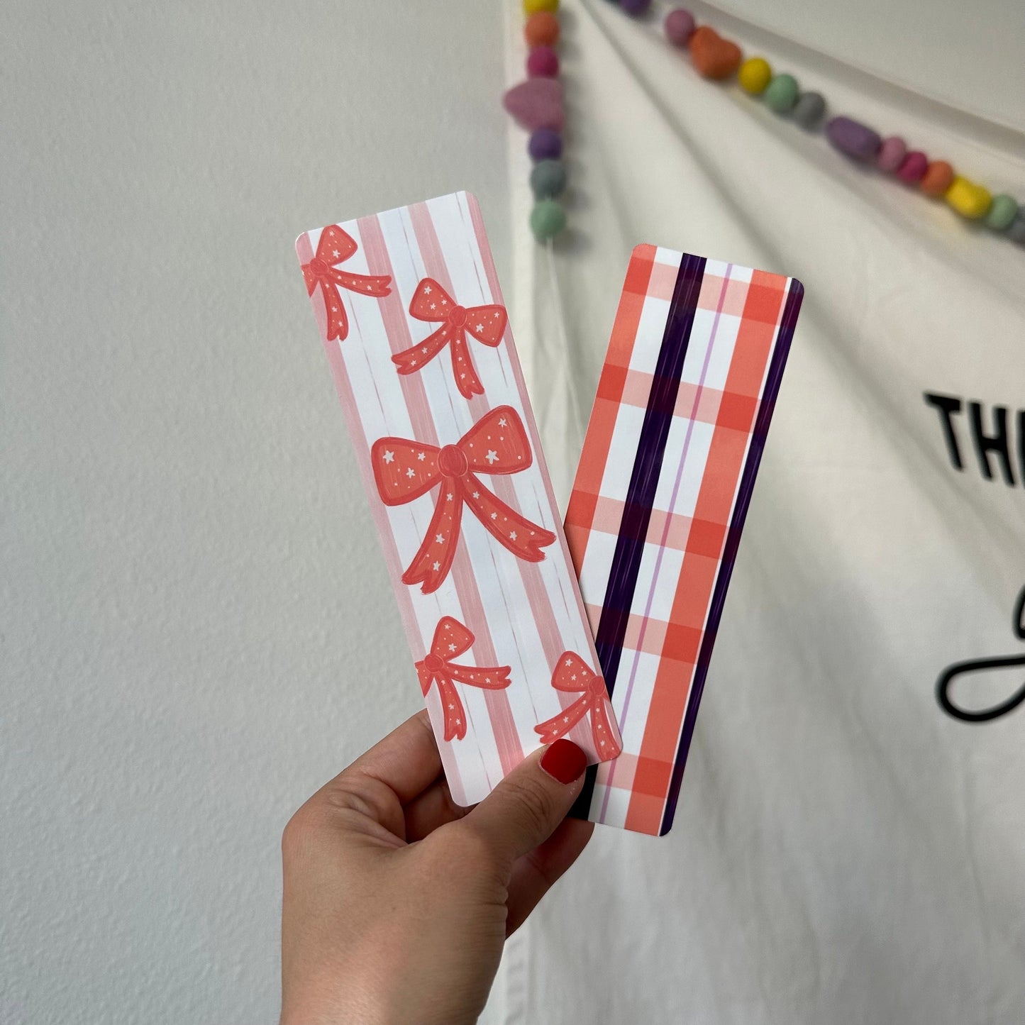 Pink bow Valentine themed Laminated Bookmarks on photo quality cardstock