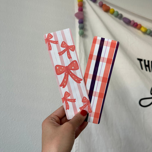 Pink bow Valentine themed Laminated Bookmarks on photo quality cardstock
