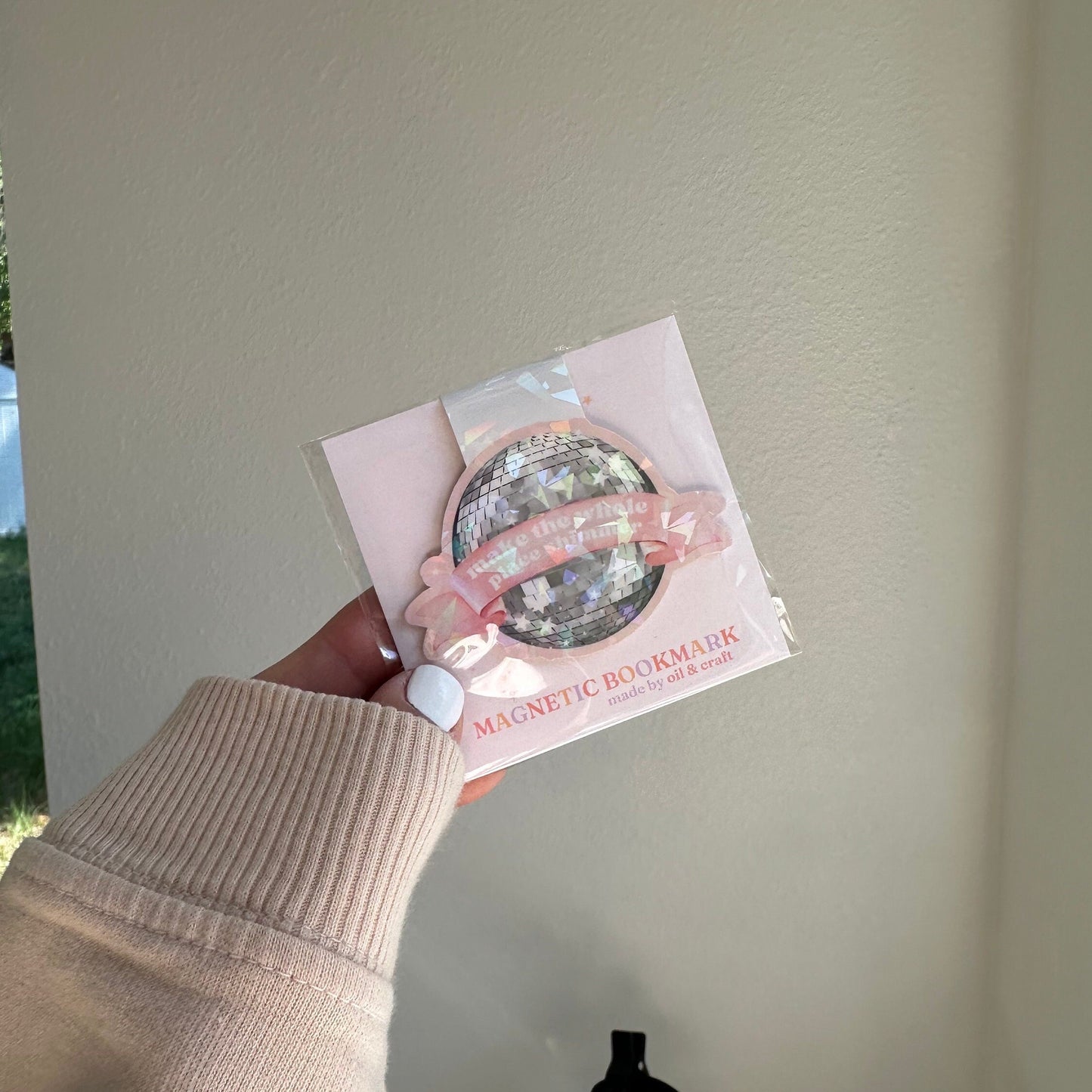 Pink make the whole place shimmer mirrorball magnetic bookmark
